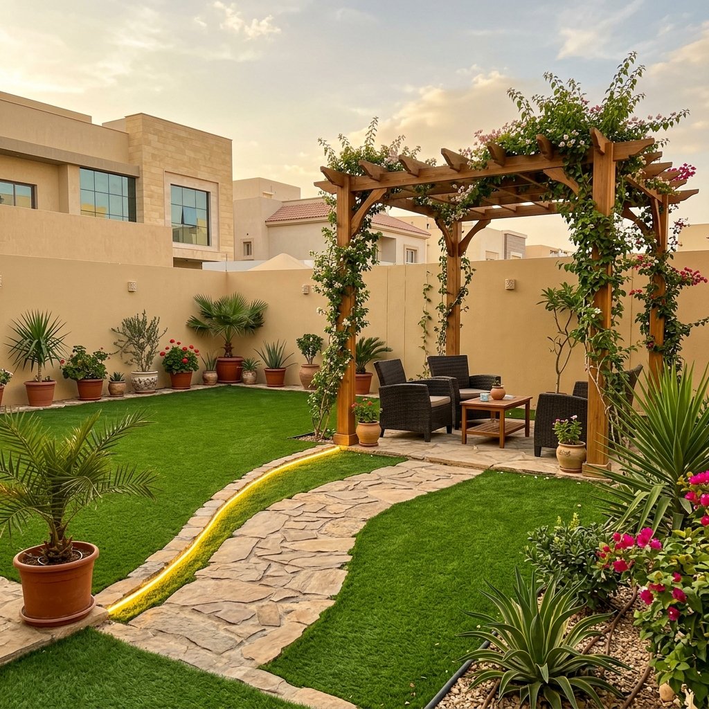 حوش منزل بعد التنسيق ببيرجولا وعشب صناعي وممرات